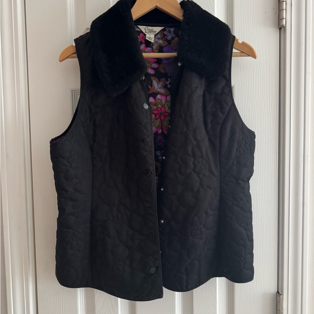 Vintage Lilly Pulitzer Black Quilted Vest with Faux Fur Collar
